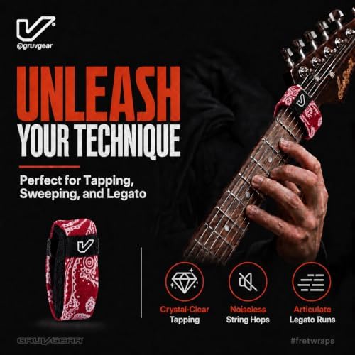 Gruv Gear Fret Wrap & Guitar Mute, Fretwrap for Acoustic, Electric & Bass | String Dampener Recording, Tapping & Practice Accessory (1 Pack, Medium Bandana Red, Fits 5 String Bass, 7 String Guitar)
