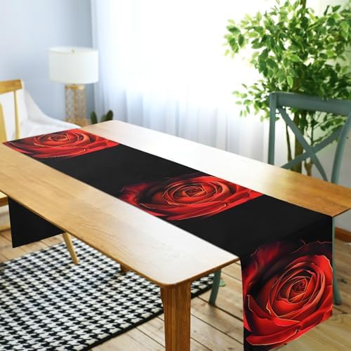 ALAZA Double-Sided Red Rose Flower on Black Table Runner 14x108 Inches Long,Table Cloth Runner for Wedding Birthday Party Kitchen Dining Home Everyday Decor