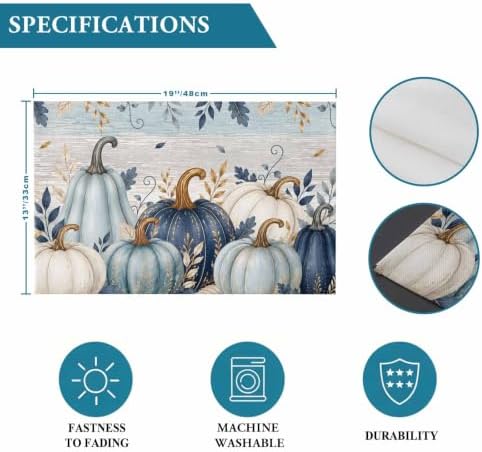 Fall Thanksgiving Placemats Set of 4, Teal Blue White Pumpkin Heat Resistant Washable Dining Table Mats Fall Holiday Farmhouse Decor for Kitchen&Linens Outdoor Indoor, Harvest Autumn Leaves