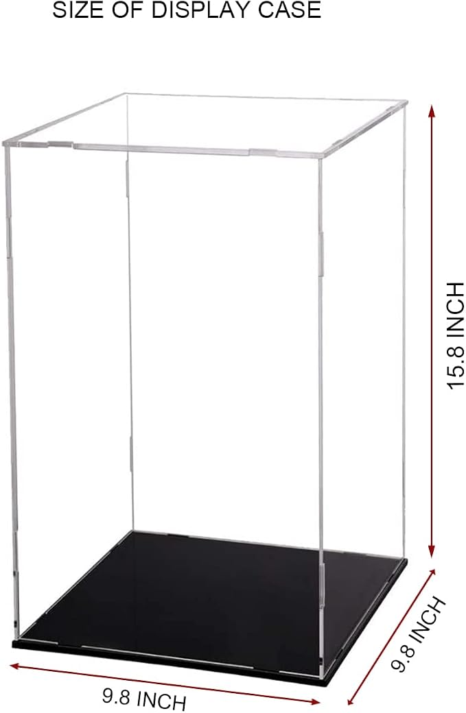 Clear Acrylic Display Case,Self-Assembly Display Box with Black Acrylic Base,Countertop Box Cube Organizer Stand Riser Dustproof Protection Showcase for Figures Toys Collectibles(9.8x9.8x15.7 inch)