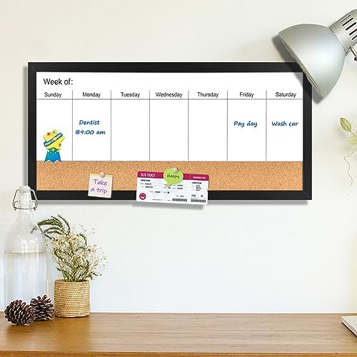 Magnetic Weekly Whiteboard and Cork Board, Black Wood Frame, 24" x 12"