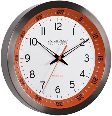 La Crosse Technology 404-87696-INT 10 inch Orange Chapter Ring Stainless Steel Atomic Analog Wall Clock