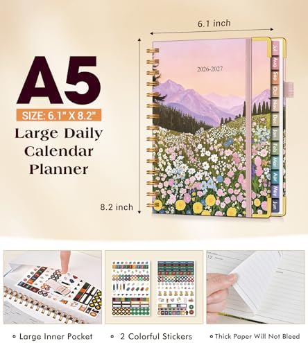 Academic Planner 2026-2027, Hardcover Weekly and Monthly Calendar Planner from July 2026 - June 2027, 6.1" x 8.2" A5 Daily Agenda with Tabs, College School Organizer for Student Teacher, Wildflower Mountainside