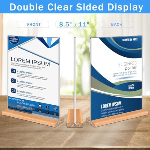 Kersally Acrylic Sign Holder 8.5 x 11, 3 Pack Double-Sided Clear Table Display Stands with Wood Base,Vertical Acrylic Frame Menu Flyer Paper Holder for Stores, Restaurants, Hotels, Office, Show Fair