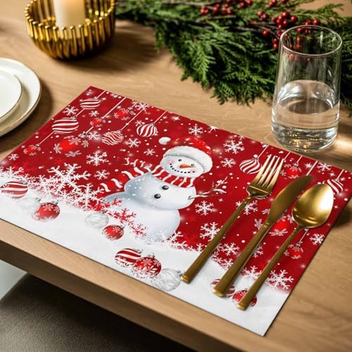 Christmas Placemats 1 Pack, Snowman Heat Resistant Washable Dining Table Mats Xmas Holiday Farmhouse Decor for Kitchen&Linens Outdoor Indoor, Snowflake Red Christmas Balls