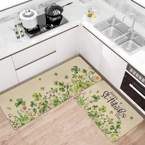 St Patricks Day Spring Kitchen Rugs and Mats Set of 2,Lucky Shamrock Clovers Floral Farmhouse Non Slip Washable Floor Sink Mats Decorations for Home Kitchen 18"x48"+18"x30"