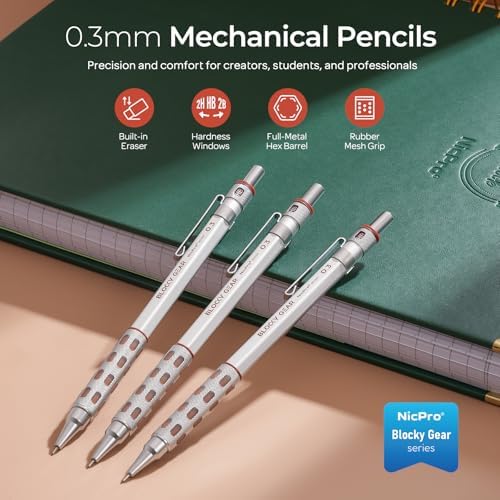 Nicpro 3 Pack Blocky Gear 0.3 mm Metal Mechanical Pencils Set with Case