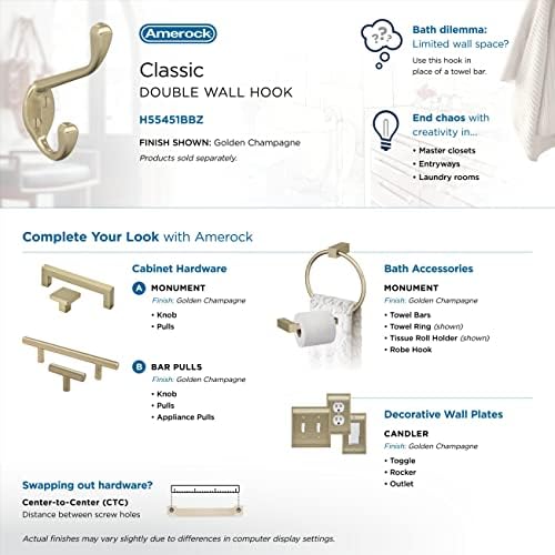 Amerock H55451BBZ | Noble Double Prong Decorative Wall Hook | Golden Champagne Hook for Coats, Hats, Backpacks, Bags | Hooks for Bathroom, Bedroom, Closet, Entryway, Laundry Room, Office (Pack of 6)
