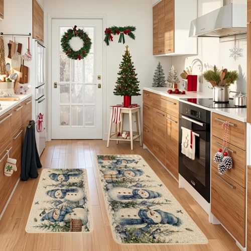 Baccessor Christmas Kitchen Rugs Set of 2 Blue Snowman 17x29 and 17x47 Inch