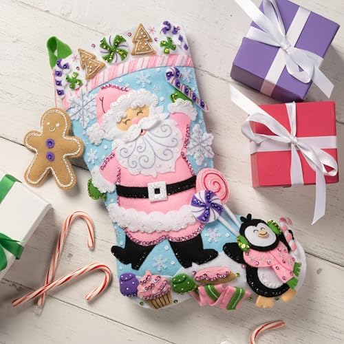 Bucilla Felt Applique 18" Stocking Making Kit, Lollipop Santa, Perfect for Holiday DIY Arts and Crafts, 89705E