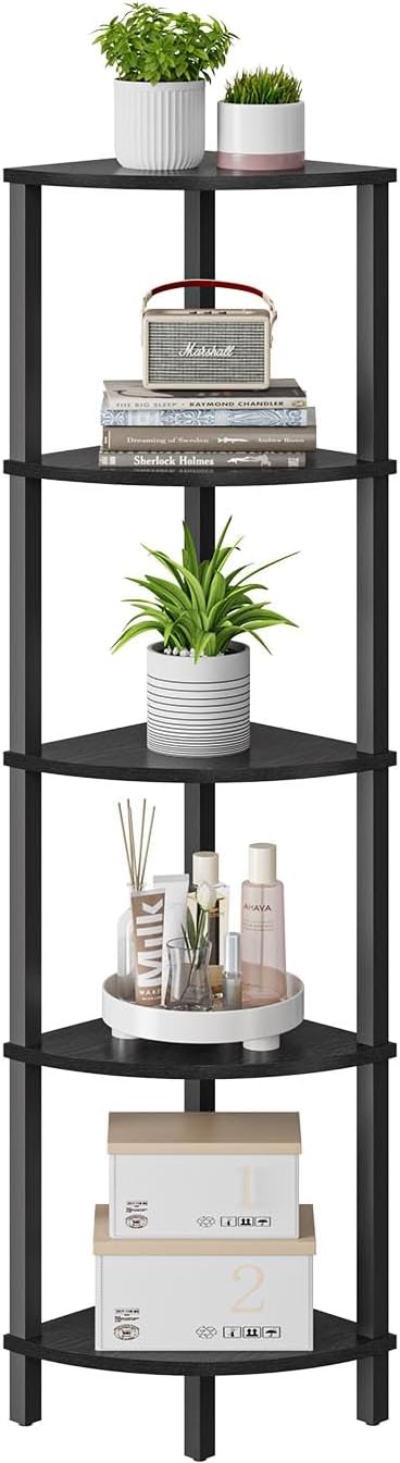 VIMBER Corner Shelf, 5-Tier Corner Bookshelf, Industrial Corner Ladder Shelf, Modern Display Shelf for Living Room, Bedroom, Kitchen, Home Office, Black UJSJ001B