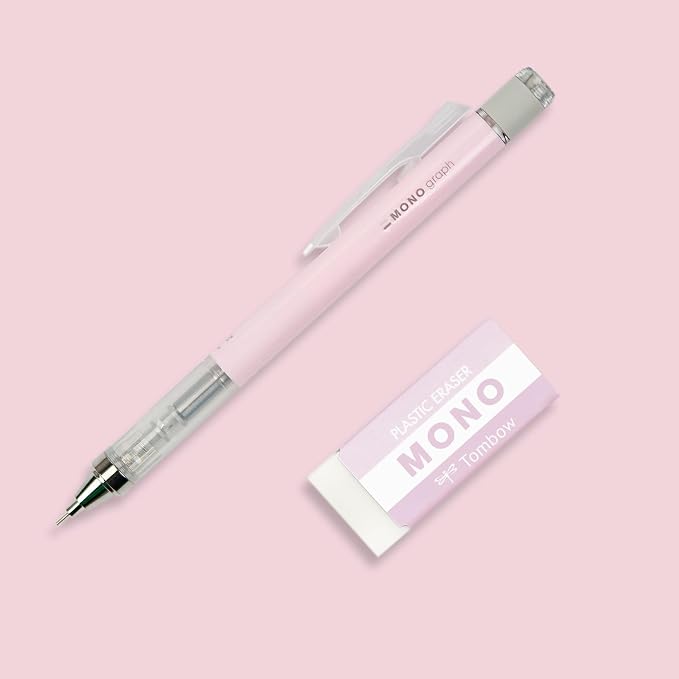 Tombow MONO Graph and MONO Eraser, 0.5 mm, Rose, Precision with 4 mm Tip, Innovative Shake Mechanism, More Stable Brass Pliers, Refillable, Includes Eraser [SH-MG85-PE04A]