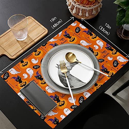 Vandarllin Happy Halloween Boo Placemats Set of 6, Cartoon Pumpkin Spooky Black Cats Ghosts Cotton Linen Stain Resistant Table Mats Washable Placemat Decoration for Kitchen Dining Table,Orange