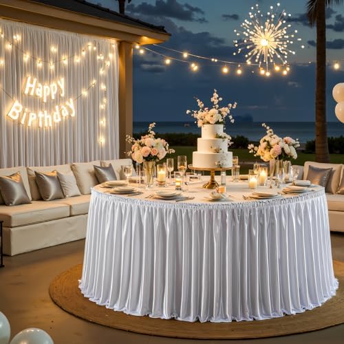 Wish Care 14ft Silver Satin Table Skirt for Rectangle Tables Wrinkle Free Teacher Desk Skirt Glitter Ruffle Table Skirting Cloth for Back to School Classroom Office Dorm Birthday Party Table Decor