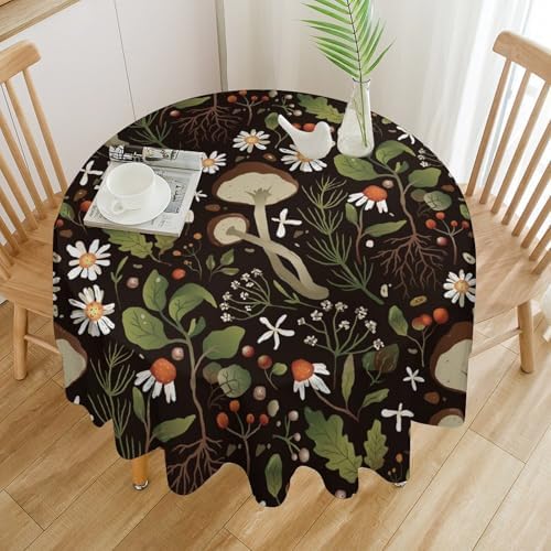 Wild Mushrooms Tablecloth, Rustic Chamomile Flowers Herbs Plants Retro Botanical Mushroom Natural Print Table Cover for Kitchen Dining Room Picnic Camping Indoor Outdoor, 36x36in