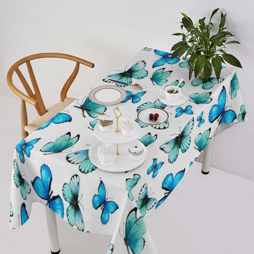 Blue Butterfly Tablecloth, Cute Animal Green Teal Butterfly Fantasy Wings Print Table Cover for Home Kitchen Outdoor Party Picnic Wedding Decor 60x90in