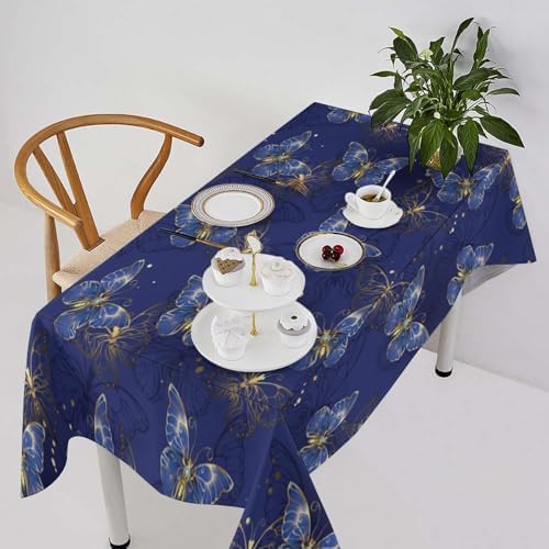 Retro Blue Butterfly Tablecloth, Luxury Golden Blue Butterfly Print Table Cover for Home Dining Decor Kitchen Party Outdoor 55x55in