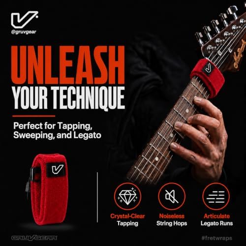 Gruv Gear Fret Wrap & Guitar Mute, Fretwrap for Acoustic, Electric & Bass | String Dampener Recording, Tapping & Practice Accessory (1 Pack, Large Red, Fits 6 String Bass, 8 String Guitar)