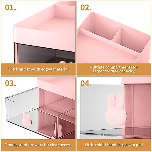 Marbrasse Small Desk Organizer with Drawer, Multi-Functional Pen Pencil Holder Storage Box, Desk Organizers and Accessories with 3 Compartments + 2 Drawer for Office Art Supplies(Pink)