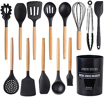 Country Kitchen Non Stick Silicone Utensil Set with Rounded Wood Handles for Cooking and Baking, 14 Piece Set, Black