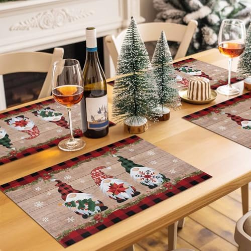 Gnomes Christmas Decorations Placemats Set of 6, Farmhouse Buffalo Plaid Red Black Cotton Line Stain Resistant Table Mats Washable Holidays Placemat For Kitchen Dining Table Winter Snowflakes