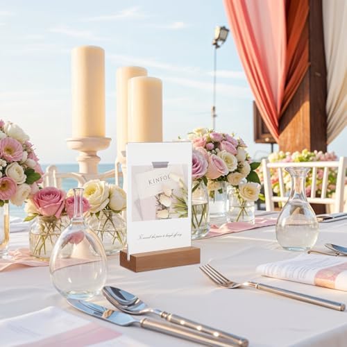 8 Pack Clear Acrylic Sign with Wood Base T Shape Sign Holder Vertical Acrylic Blank Stands Desktop Display Plastic Menu Frames Double Sided Flyer Stand for Wedding Restaurant Party Decoration