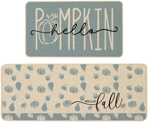 Baccessor Fall Kitchen Rugs Set of 2, Blue Pumpkin Kitchen Mats for Floor Washable Low-Profile Farmhouse Autumn Holiday Home Indoor Outdoor Decor 17x29 and 17x47 Inch