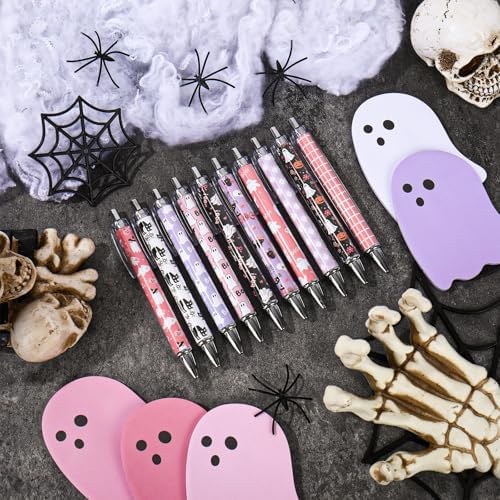 JarThenaAMCS 60Pcs Halloween Stationery Set White Pink Purple Ghost Sticky Note Pads with Boo Ghost Ballpoint Writing Pens for Office Classroom Party Favors Supplies