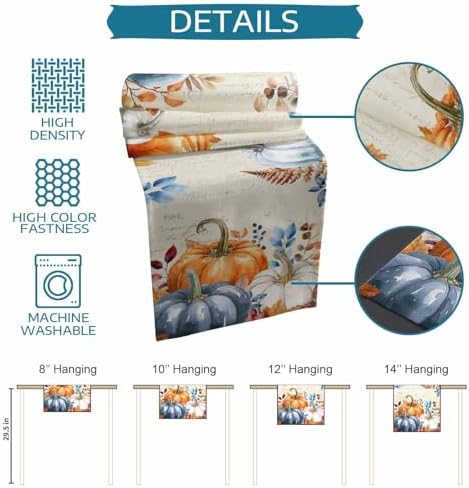 Fall Orange Blue Pumpkin Table Runner Dresser Scarf 13 x 72 Inch Eucalyptus Leaf Retro Thanksgiving Table Runners Non-Slip Heat Resistant Kitchen Dining Table Decor for Autumn Holidays Indoor Outdoor