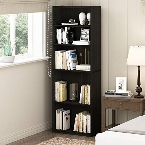 Furinno JAYA Book Shelf, 5-Tier Bookshelf, Bookcase with Adjustable Shelves, 9.5" x 24.5" x 71.2", for Organization and Storage, for Living Room, Bedroom, Home Office, Espresso