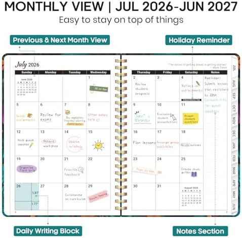Planner 2026-2027, Weekly & Monthly Academic Calendar, Jul 2026 – Jun 2027