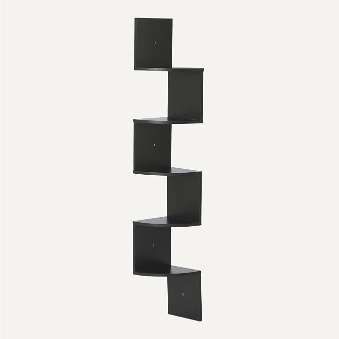 Amazon Basics 5-Tier Corner Shelf, Wall-Mounted, Floating Corner Bookshelf for Living Room, Bedroom, Bathroom, Home Office, 7.8"D x 48.5"W x 7.8"H, Black