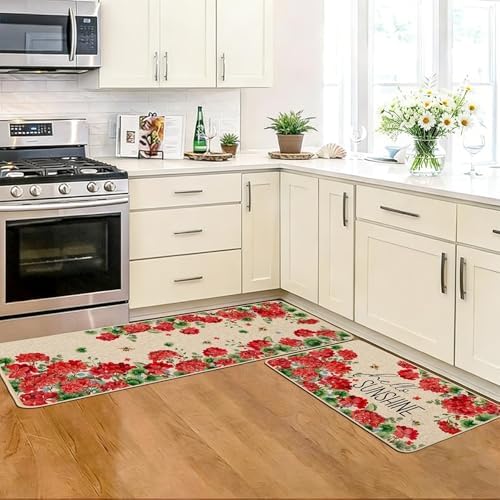 Baccessor Summer Kitchen Mats Set of 2, Geranium Floral Bee Kitchen Rugs for Floor Non Slip Absorbent Low-Profile Seasonal Farmhouse Home Decor 17x29 and 17x47 Inch