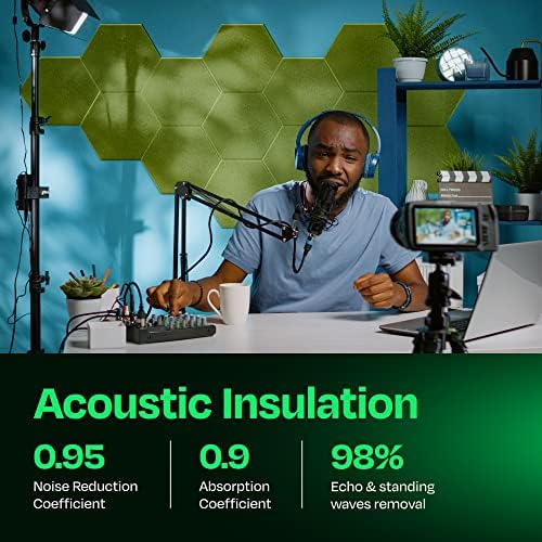 Acoustic Panels - 12-Pack Soundproof Wall Panels, 14"X12.1"X0.4", High Density Sound Dampening - Gin Green Hexagon