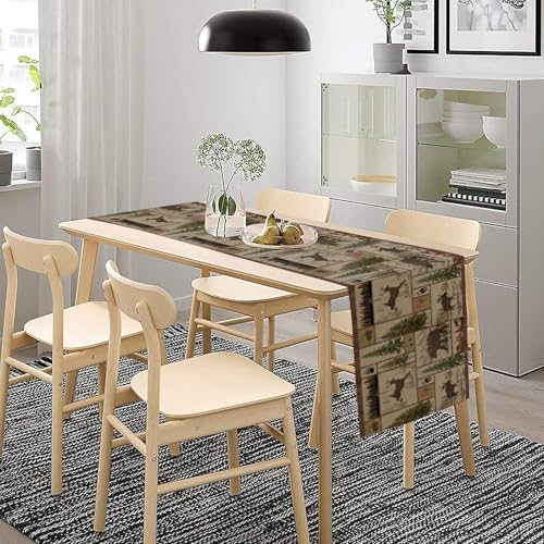 Rustic Moose Deer Bear Table Runner, Retro Vintage Bear Cottage Country Style Cabin Farmhouse Dinner Runner for Home Kitchen Dining Table Decoration 13x60inch