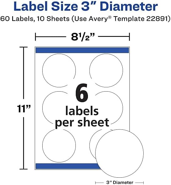 Avery Glossy White Labels, Sure Feed Technology, 3" Round Labels, Print-to-The-Edge, Laser/Inkjet, 60 Total (22891)