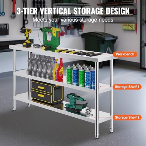 VEVOR Stainless Steel Food Prep Table, 14 x 60 x 34 Inch Commercial Kitchen Worktable, with 2 Adjustable Undershelf, Heavy Duty Prep Table Metal Workstations for BBQ, Kitchen, Home, and Garage