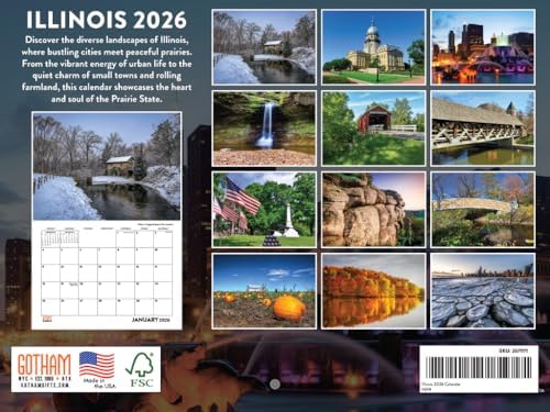 Illinois Calendar 2026 Wall 12 Month Monthly IL Scenic Souvenirs Illinoisan Themed Gifts | American Made In The USA