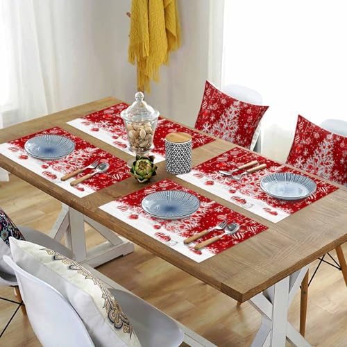 Red Christmas Placemat 1PC, White Xmas Tree Snowflakes Red Balls Heat Resistant Washable Table Place Mats Winter Cotton Table Linens Party Holiday Decor for Kitchen Dining Outdoor Indoor