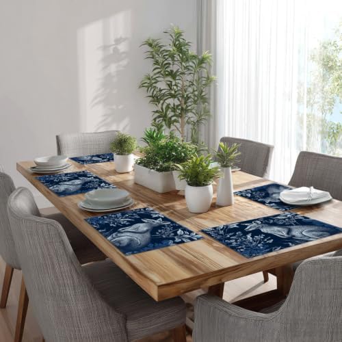 Batmerry Cute Kangaroo Placemats, Navy Blue with Plants Washable Linen Table Mats for Kitchen Table Double Insulation Decor Dining Set Indoor Outdoor 12X18 in Set of 8
