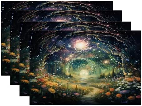 Batmerry Magical Forest Path Glowing Lights Linen Placemats Set of 4, A Mystical Forest At Night Washable Table Mats for Kitchen Table Thickened Heat Insulation Dining Set Indoor Outdoor 12X18 in