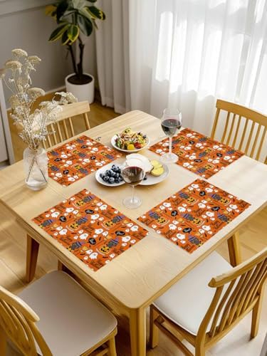 Vandarllin Happy Halloween Boo Placemats Set of 4, Cartoon Pumpkin Spooky Black Cats Ghosts Cotton Linen Stain Resistant Table Mats Washable Placemat Decoration for Kitchen Dining Table,Orange