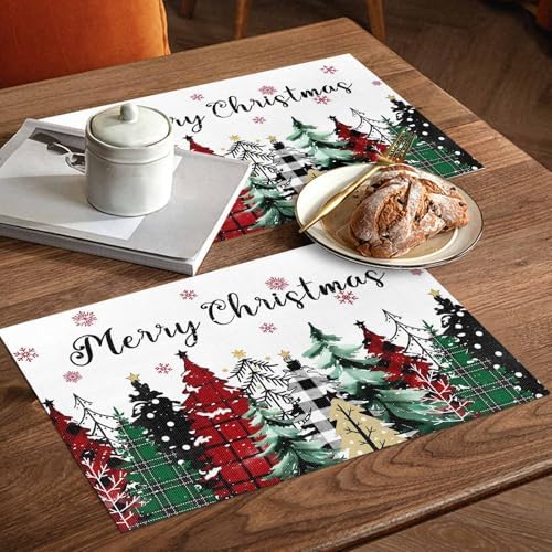 Merry Christmas Placemats Set of 4, Red Green Plaid Pine Tree Heat Resistant Washable Table Place Mats White Snowy Forest Winter Table Linens Party Holiday Decor for Kitchen Dining Outdoor Indoor