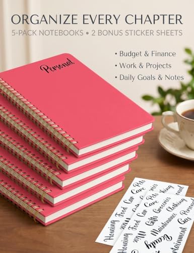 5 Pack Hardcover Spiral Notebooks, 8.3" x 6.3" Lined Journal Set, 100 GSM Bleed-Resistant Paper, 200 Pages Twin-Wire Bound Notebook with Elastic Band & Category Stickers for Office, School