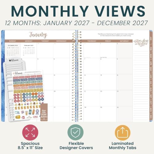 bloom daily planners 2027 Planner for Women (8.5" x 11") - Weekly & Monthly Calendar Year (January to December) Softcover Agenda Book Organizer with Stickers & Stencil - Blue Hydrangea