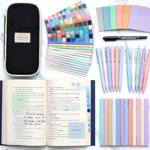135 Pcs Book Annotation Kit with Pencil Case, 12 Pastel Highlighters, 11 Gel Pens, Fine Marker, 300 Transparent Sticky Notes, 2640 Index Tabs, Bible Study Supplies Kit(Classic,Black)
