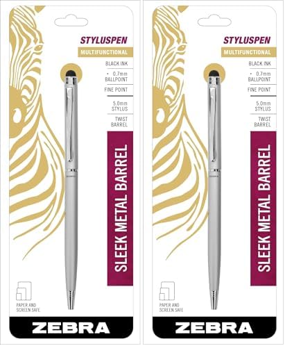 Zebra Pen StylusPen Twist Retractable Ballpoint Pen, Fine Point, 0.7mm, Black Ink, Silver Barrel, 1-Count (Pack of 2)
