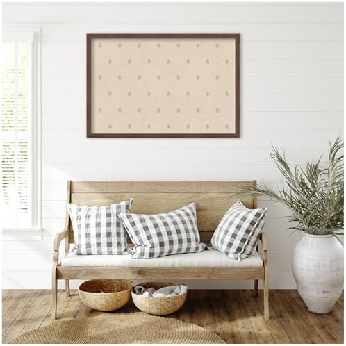 Kate and Laurel Framed Fabric Pinboard 38 x 26, Beige Botanical Block Print Printed Linen Classic Bulletin Board for Use as a Vision Board or Wall Organization, Florence Medium Brown Frame