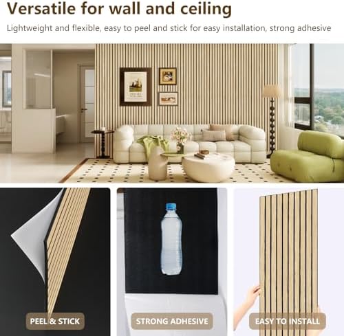 Wood Slat Wall Panel 2 PCS - Extra-Long Wood Wall Panels for Soundproof Home & Office, Easy Peel and Stick Acoustic Panels for Noise Cancelling (Oak 11.8"W x 94.5"L)
