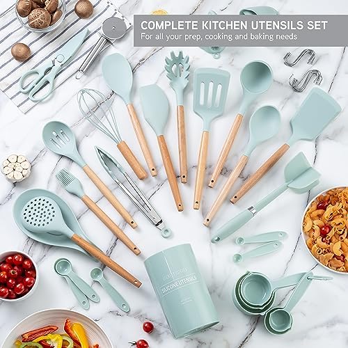 Country Kitchen Non Stick Silicone Utensil Set with Rounded Wood Handles for Cooking and Baking, 38 Piece Set, Mint